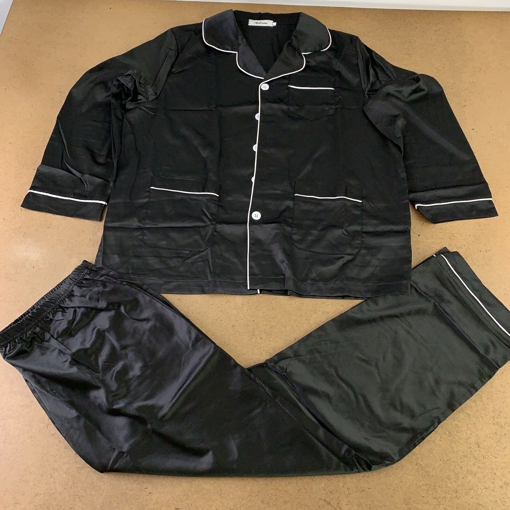Aibrou Women's Size large Black Satin White Trim 2 Piece Classic Pajama Set New